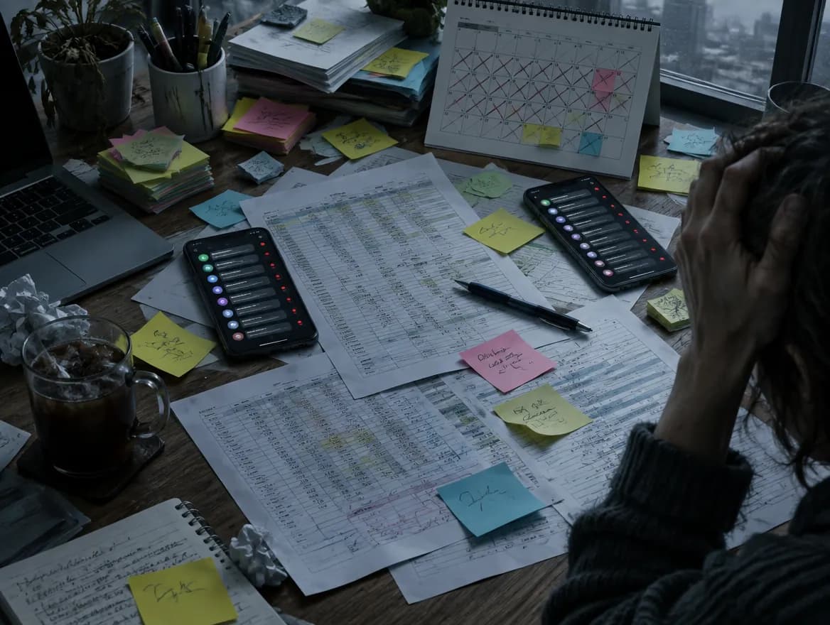 Escritorio desordenado con planillas, notas y mensajes sin responder