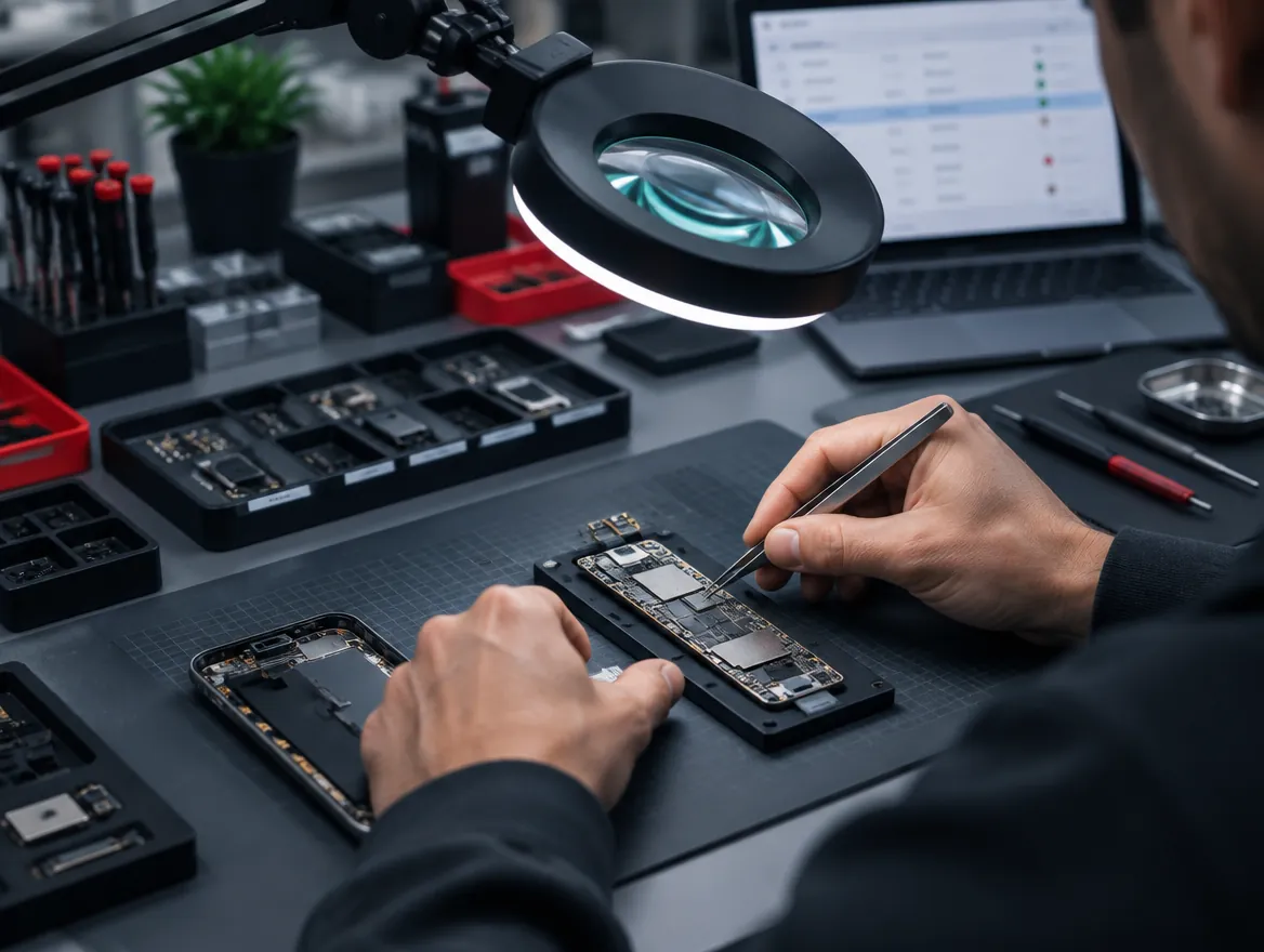 Técnico reparando la placa de un celular en un banco de trabajo ordenado