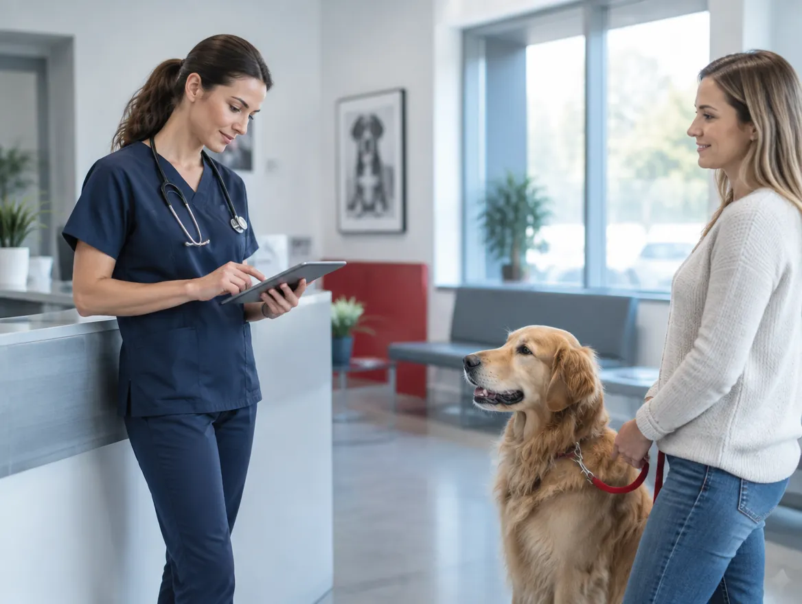 Veterinaria revisando la agenda en una tablet mientras un perro espera con su tutora